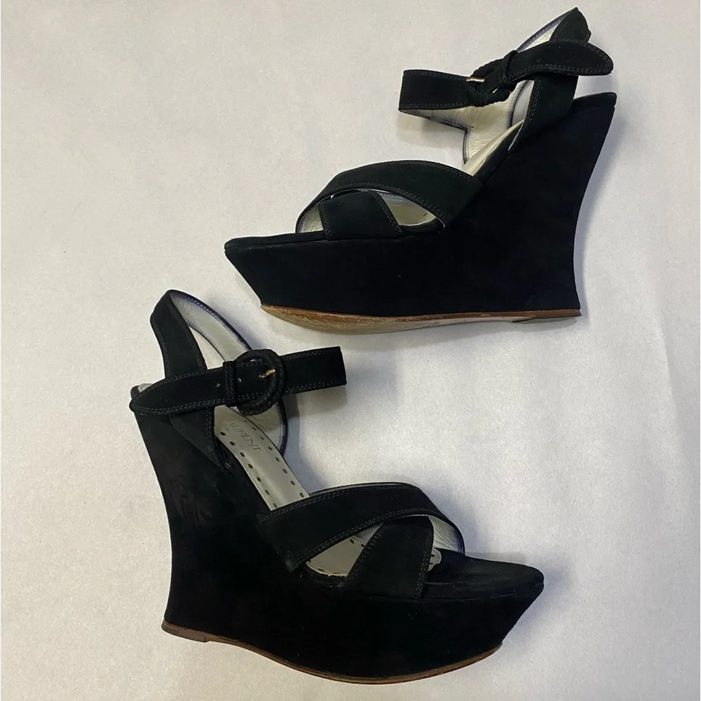 Yves Saint Laurent YSL Platform Wedge Heels Size 8 Suede Rive Gauche Designer